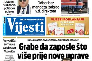 The front page of "Vijesti" for Wednesday, April 12, 2023