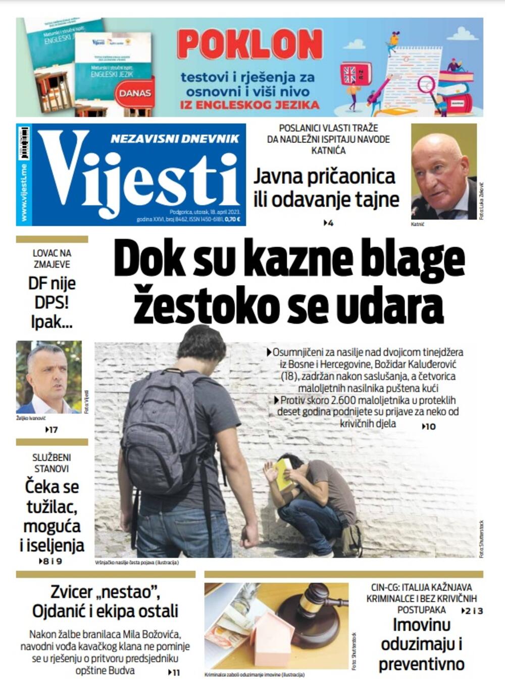 Naslovna strana "Vijesti" za 18. april 2023. godine, Foto: Vijesti online