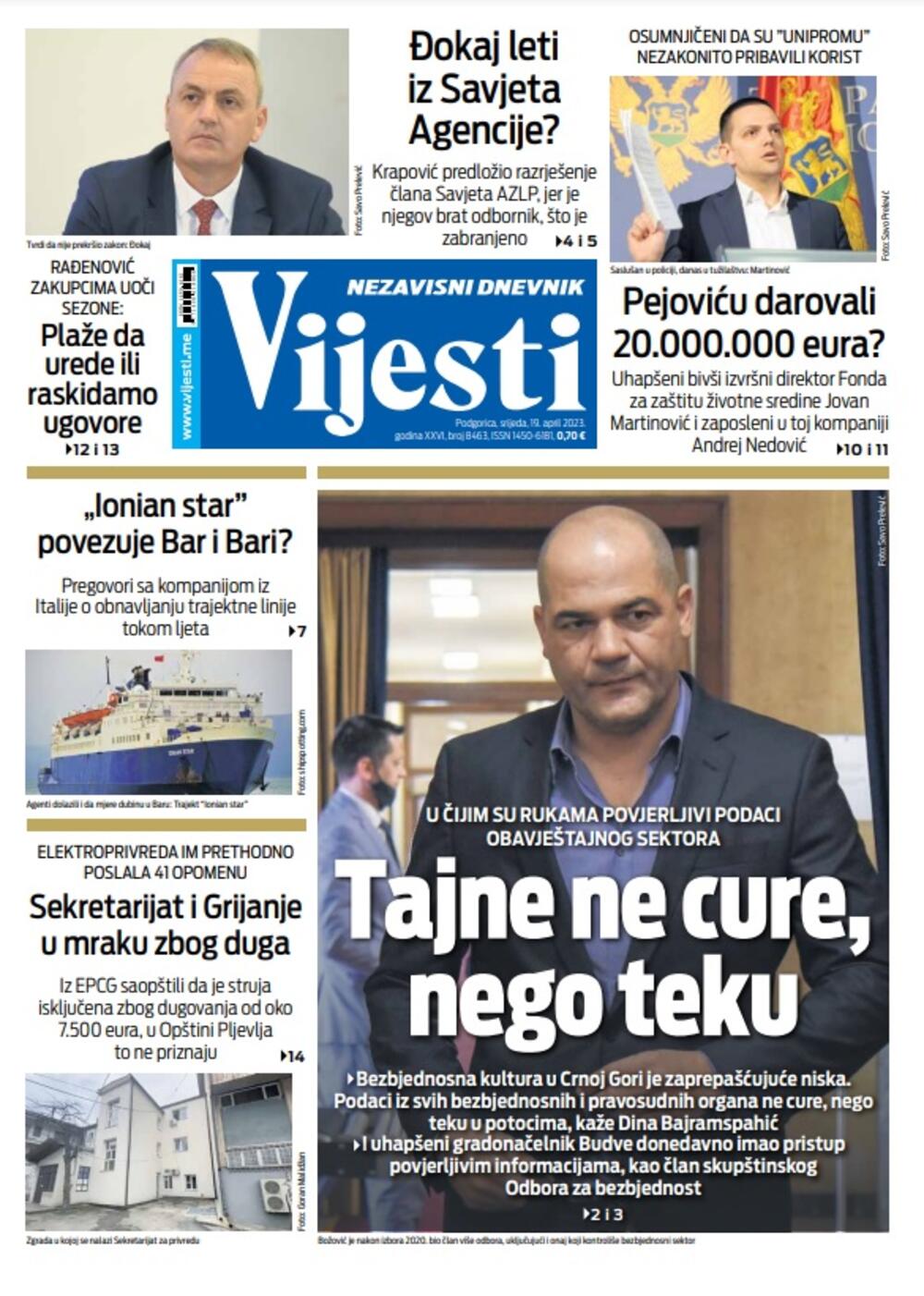 Naslovna strana "Vijesti" za 19. april 2023. godine, Foto: Vijesti