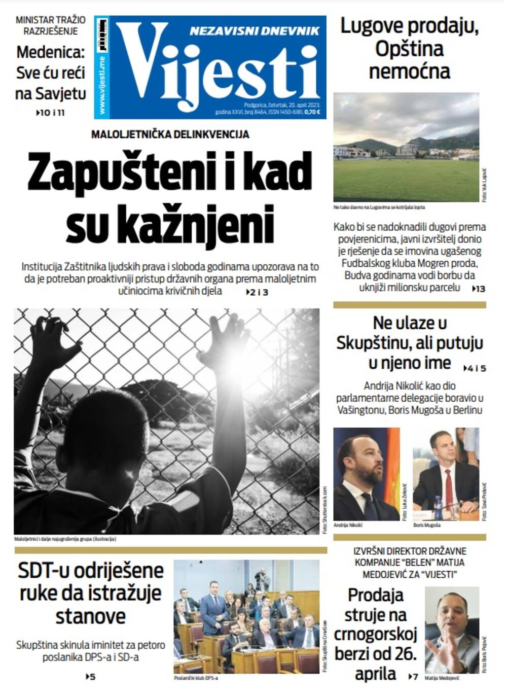 Naslovna strana "Vijesti" za 20. april 2023. godine, Foto: Vijesti