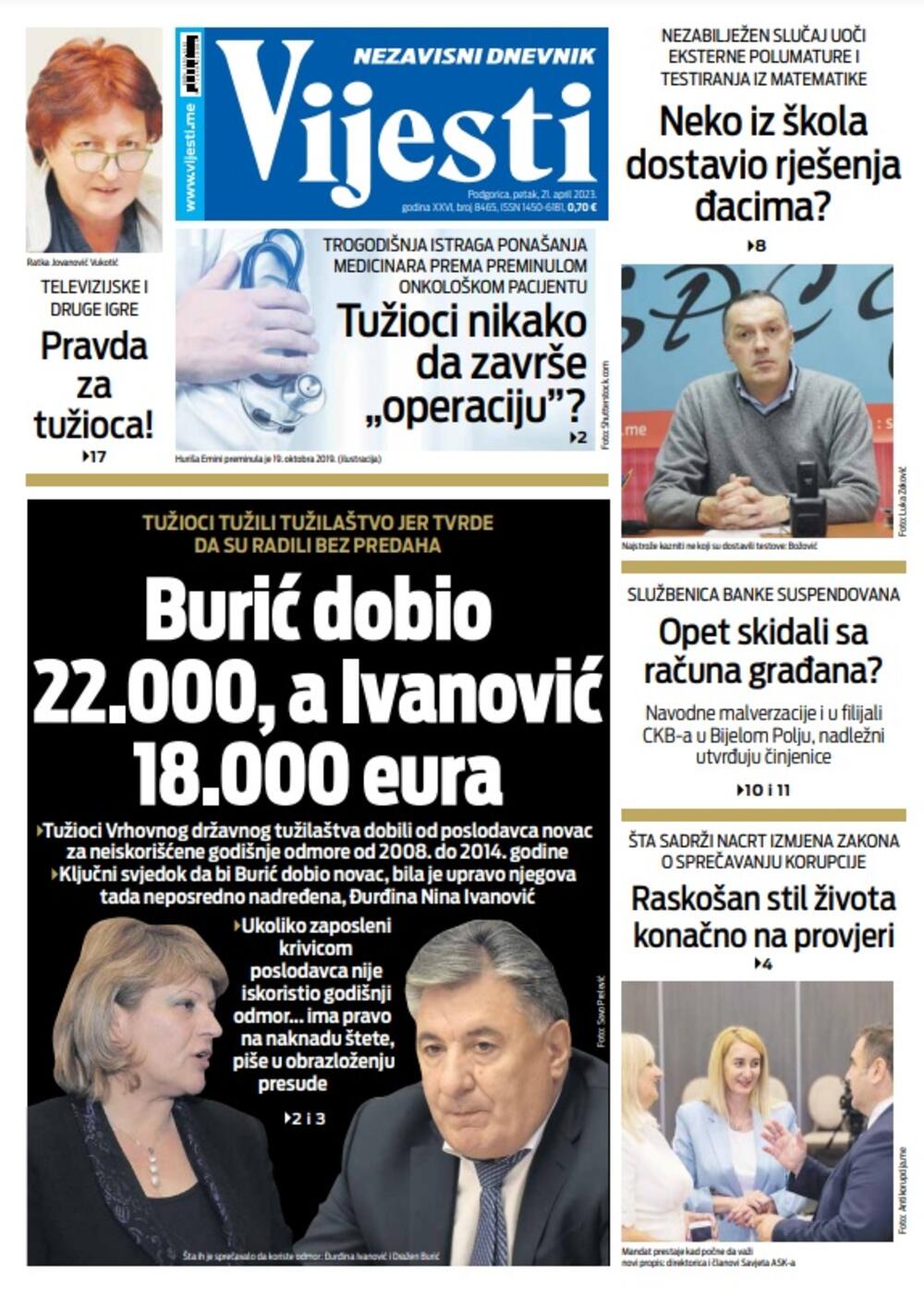 Naslovna strana "Vijesti" za 21. april 2023. godine, Foto: Vijesti
