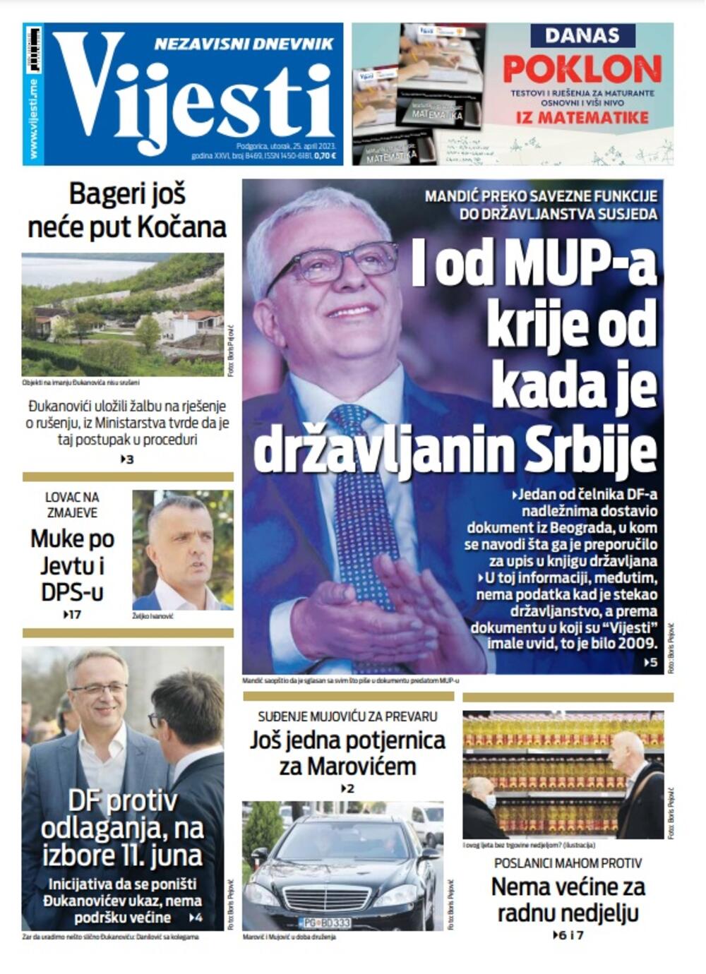 Naslovna strana "Vijesti" za 25. april 2023. godine, Foto: Vijesti