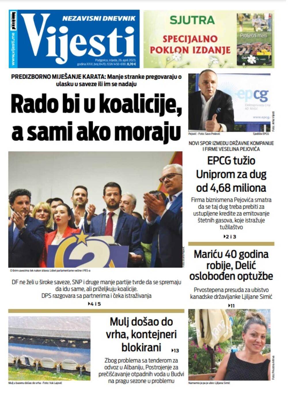 Naslovna strana "Vijesti" za 26. april 2023. godine, Foto: Vijesti
