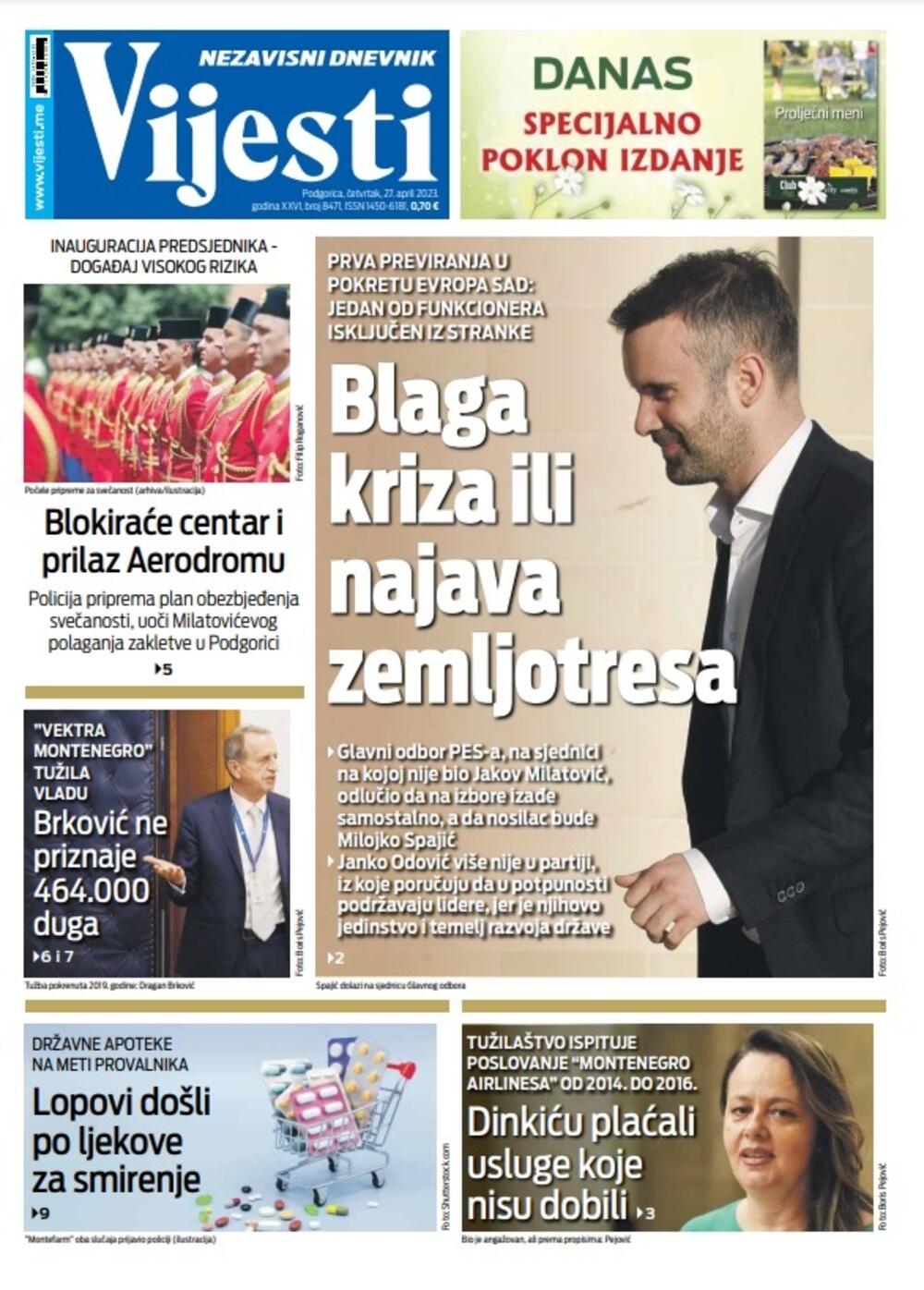 Naslovna strana "Vijesti" za 27. april 2023. godine, Foto: Vijesti