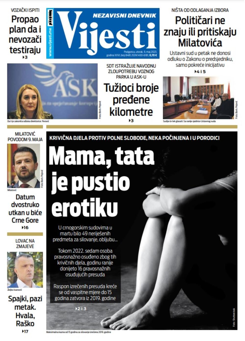Naslovna strana "Vijesti" za 9. maj 2023., Foto: Vijesti