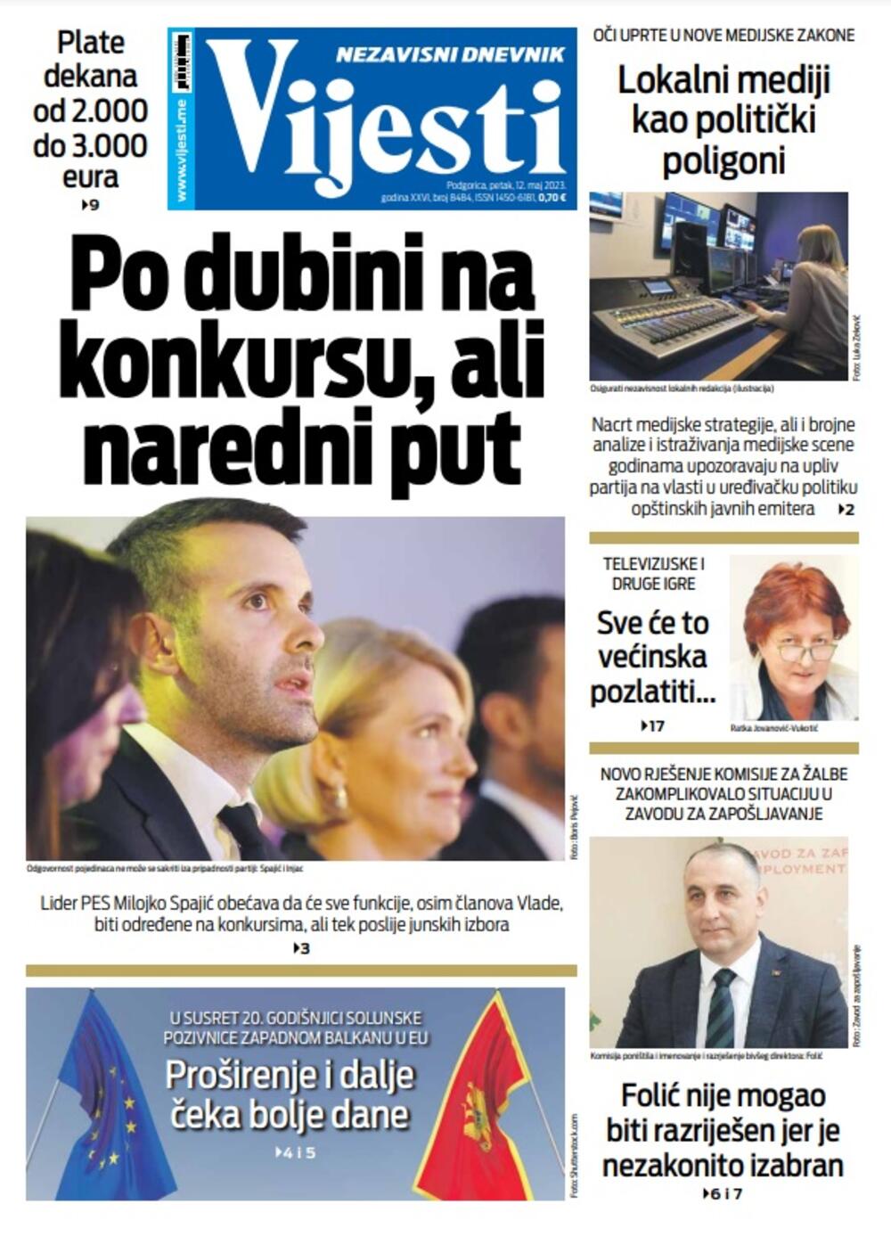 Naslovna strana "Vijesti" za 12. maj 2023., Foto: Vijesti