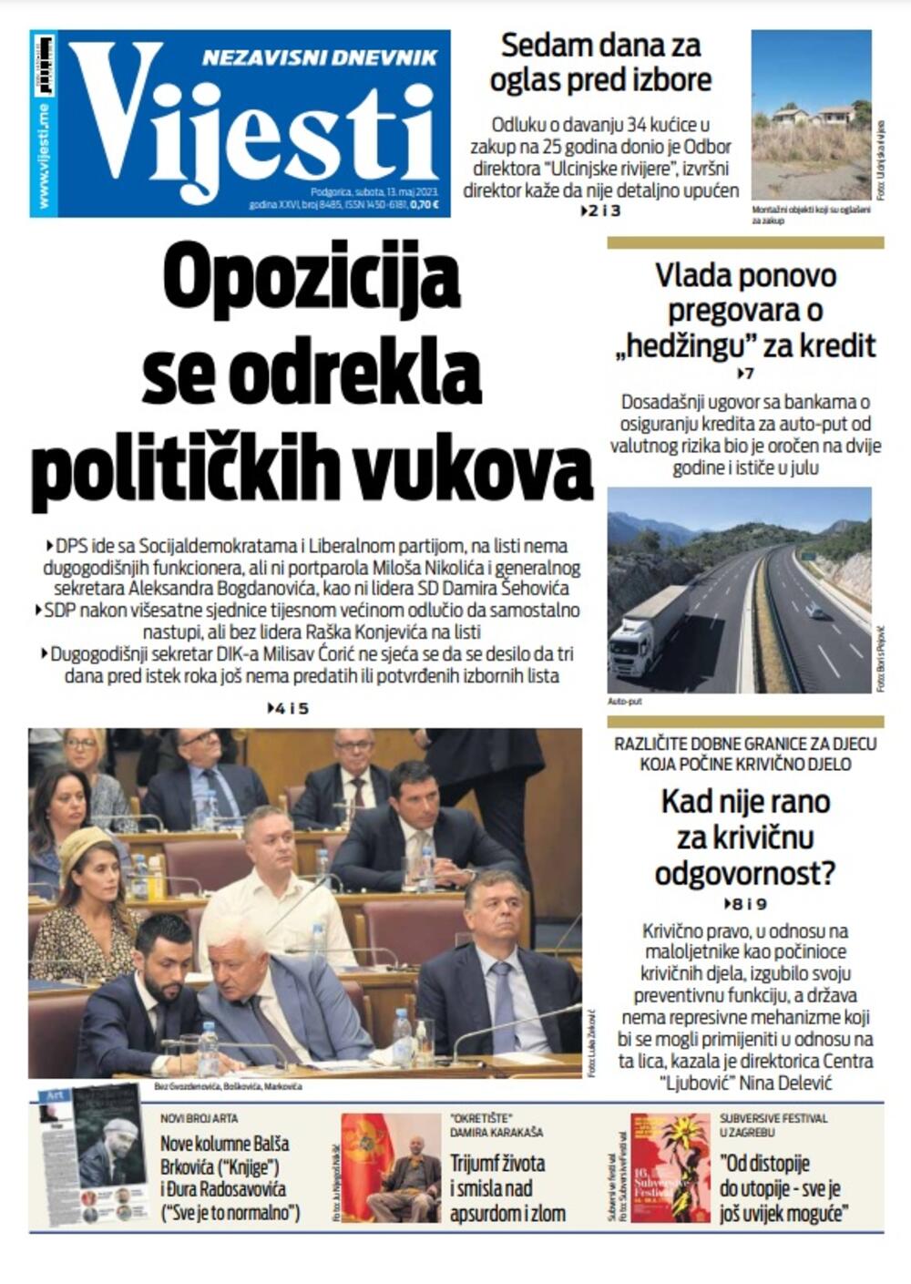 Naslovna strana "Vijesti" za 13. maj 2023., Foto: Vijesti