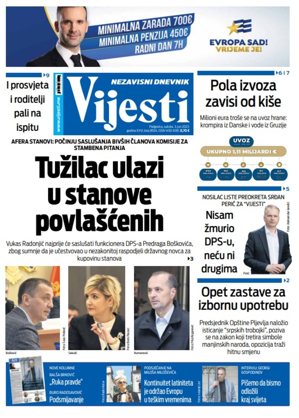 Naslovna strana "Vijesti" za 3. jun 2023., Foto: Vijesti