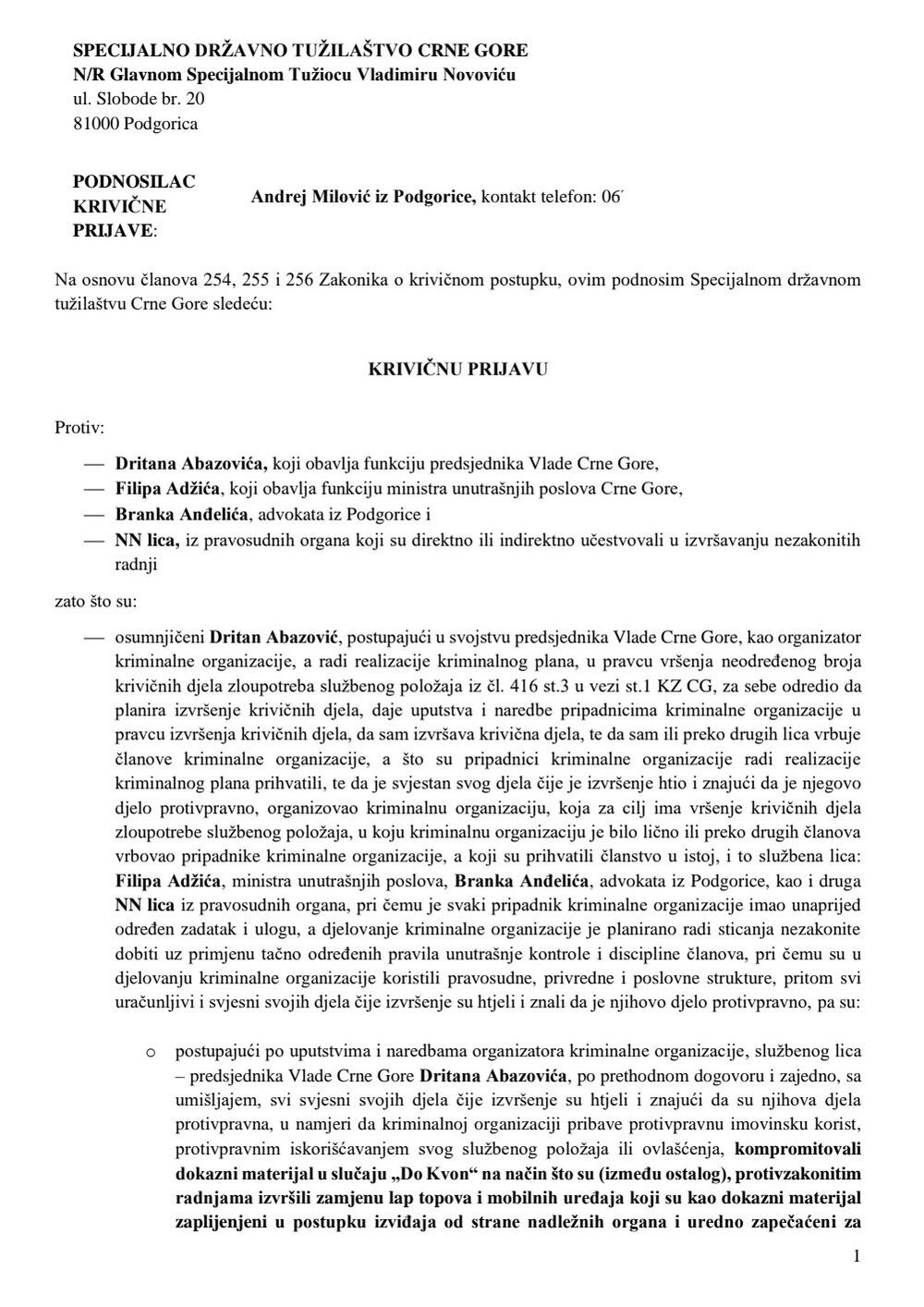 Andrej Milović krivična prijava