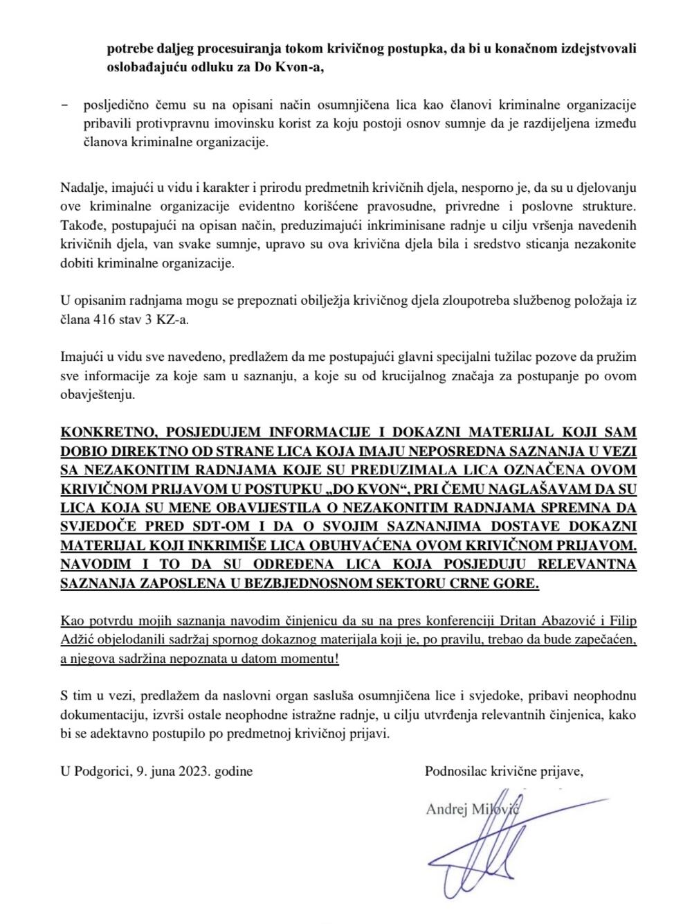 Andrej Milović krivična prijava