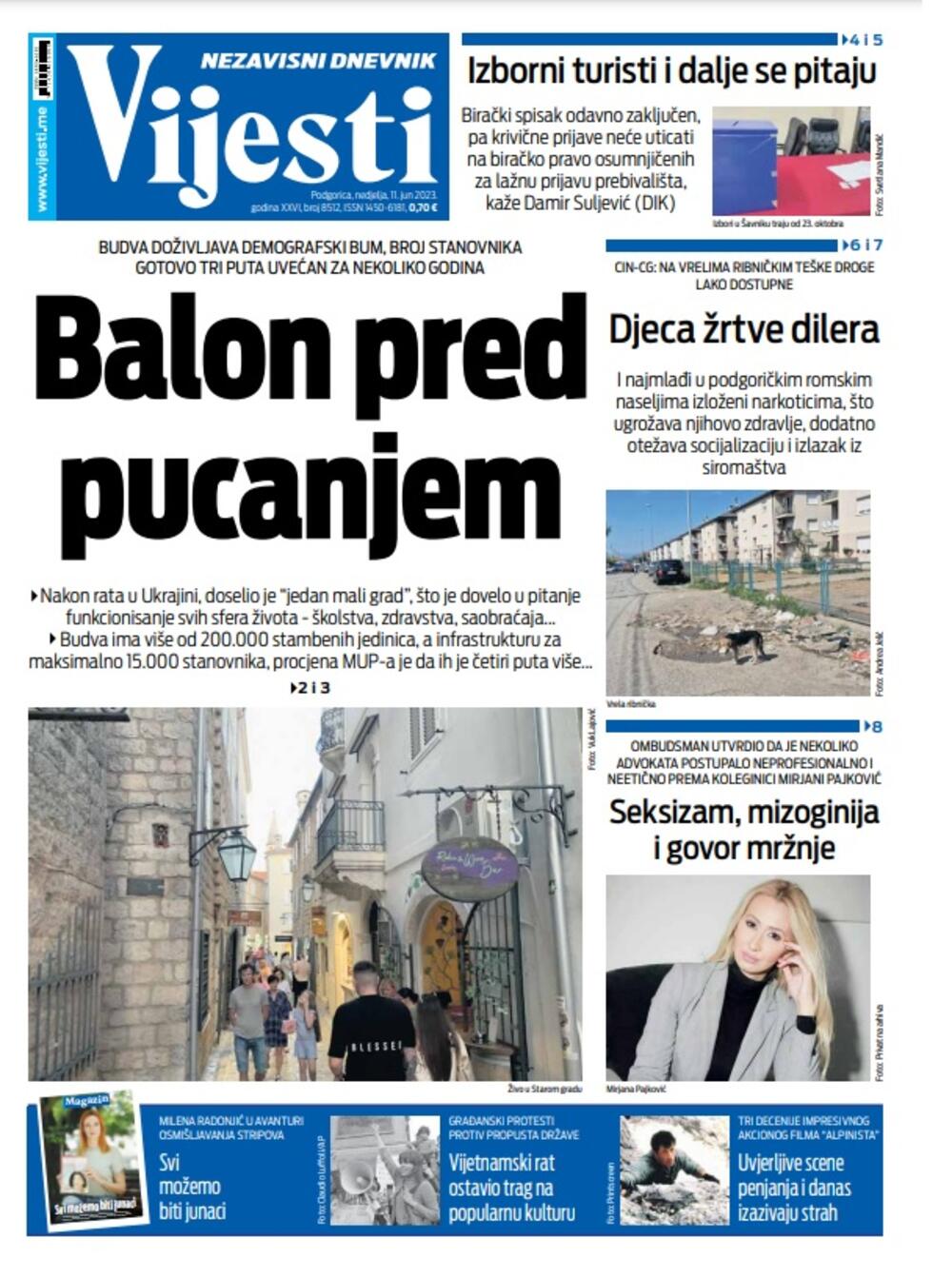 Naslovna strana "Vijesti" za 11. jun 2023. godine, Foto: Vijesti