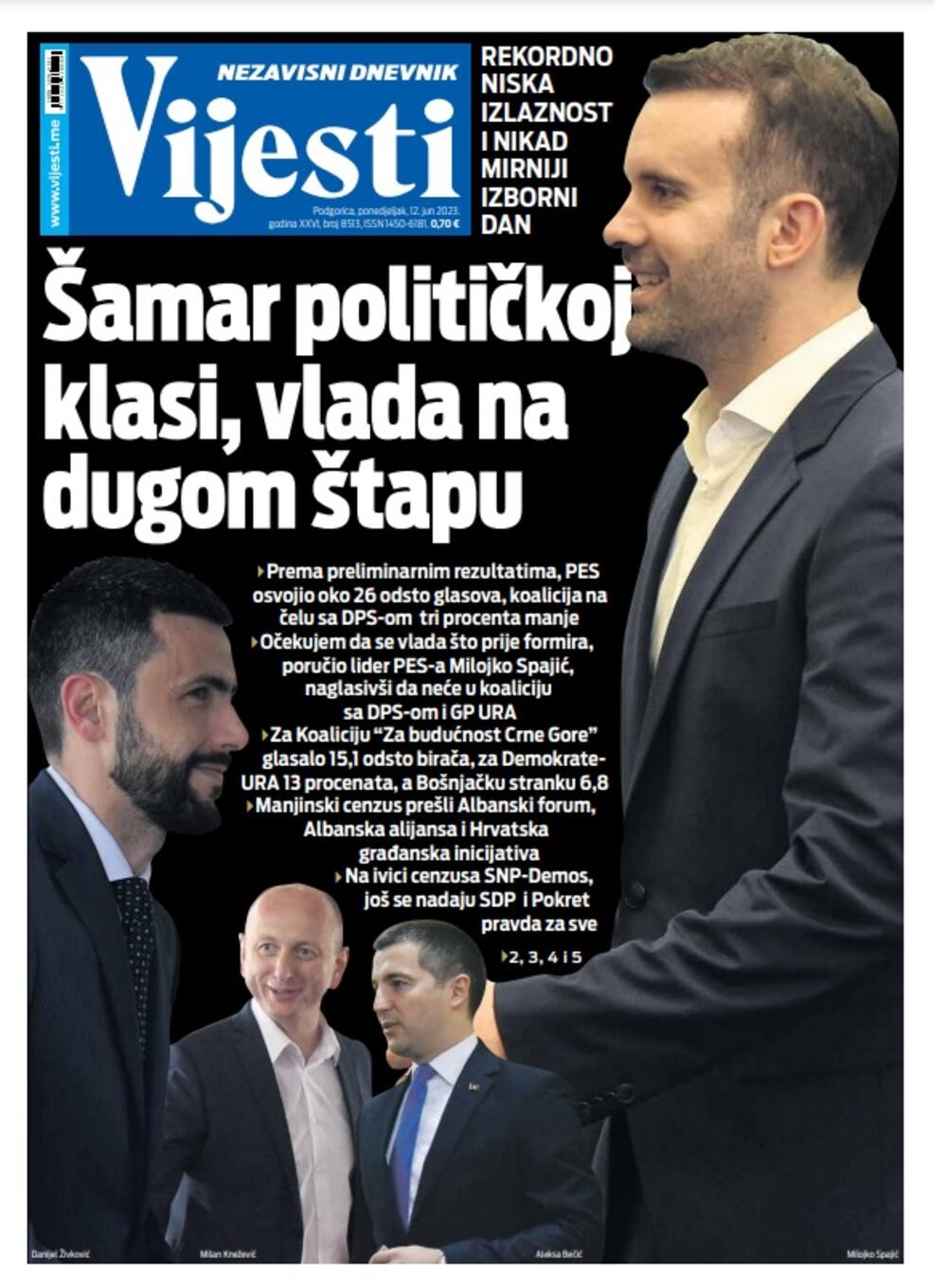 Naslovna strana "Vijesti" za 12. jun 2023. godine, Foto: Vijesti