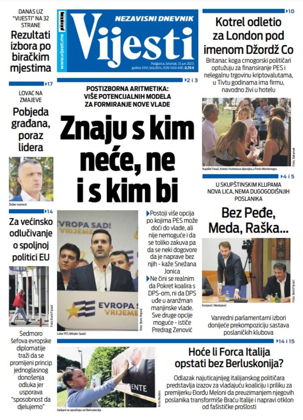 Naslovna strana "Vijesti" za 13. jun 2023. godine, Foto: Vijesti