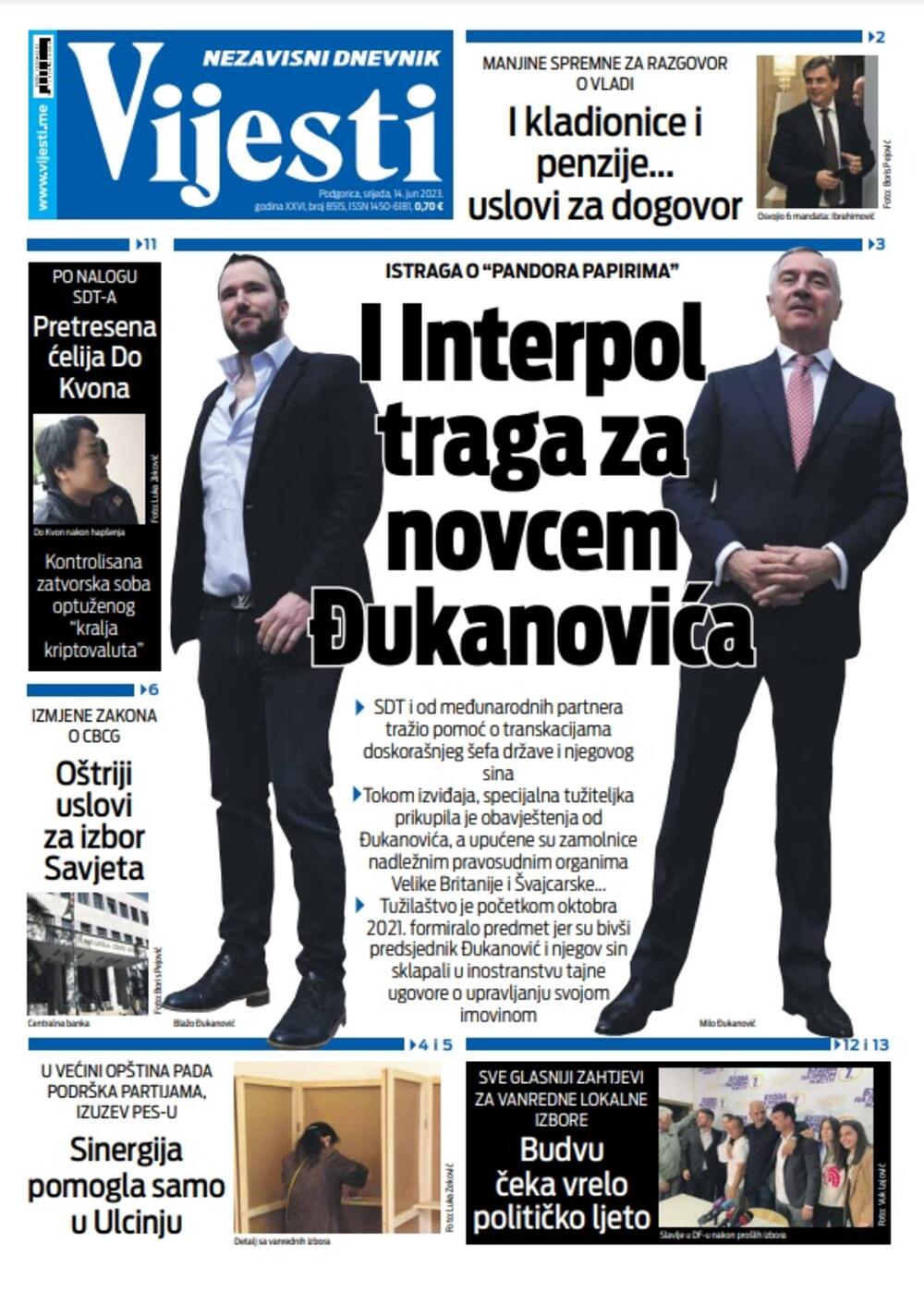 Naslovna strana "Vijesti" za 14. jun 2023. godine, Foto: Vijesti
