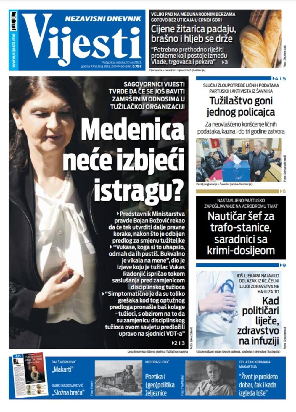 Naslovna strana "Vijesti" za 17. jun 2023. godine, Foto: Vijesti
