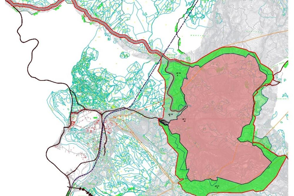 Zona planiranog rudokopa (ružičasto) u odnosu na grad Mojkovac, Foto: gov.me
