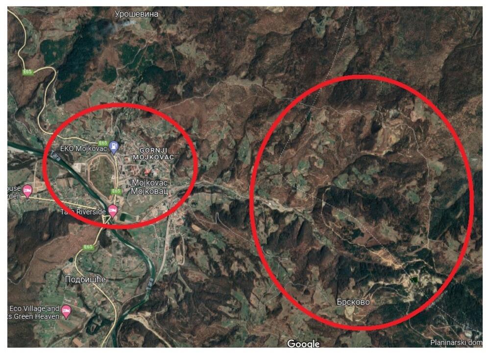 Zona planiranog rudokopa u odnosu na grad Mojkovac