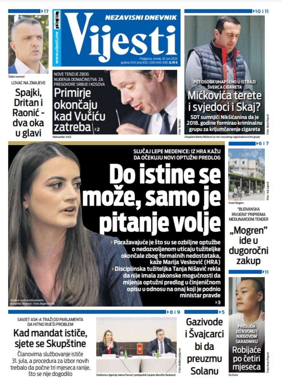 Naslovna strana "Vijesti" za 20. jun 2023., Foto: Vijesti