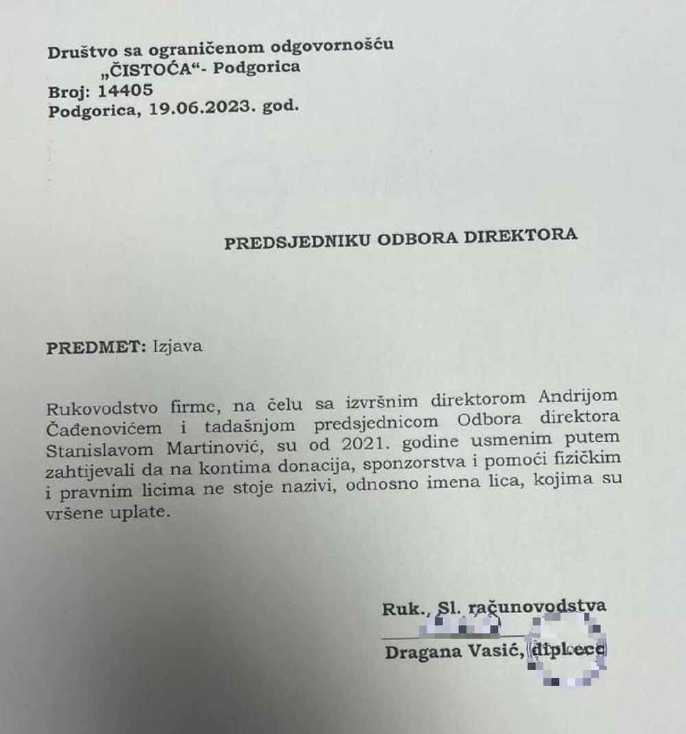 Izjava rukovoditeljke računovodstva za predsjednika Odbora direktora