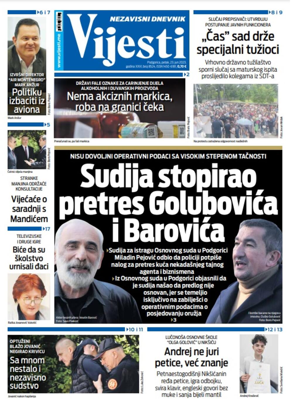 Naslovna strana "Vijesti" za 23. jun 2023. godine, Foto: Vijesti