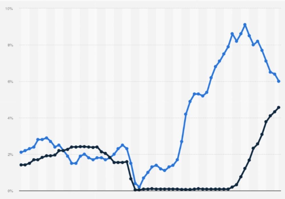 Nivo inflacije, obilježen plavom bojom i nivo referentnih kamatnih stopa, obilježen crnom u SAD. Izvor Statista