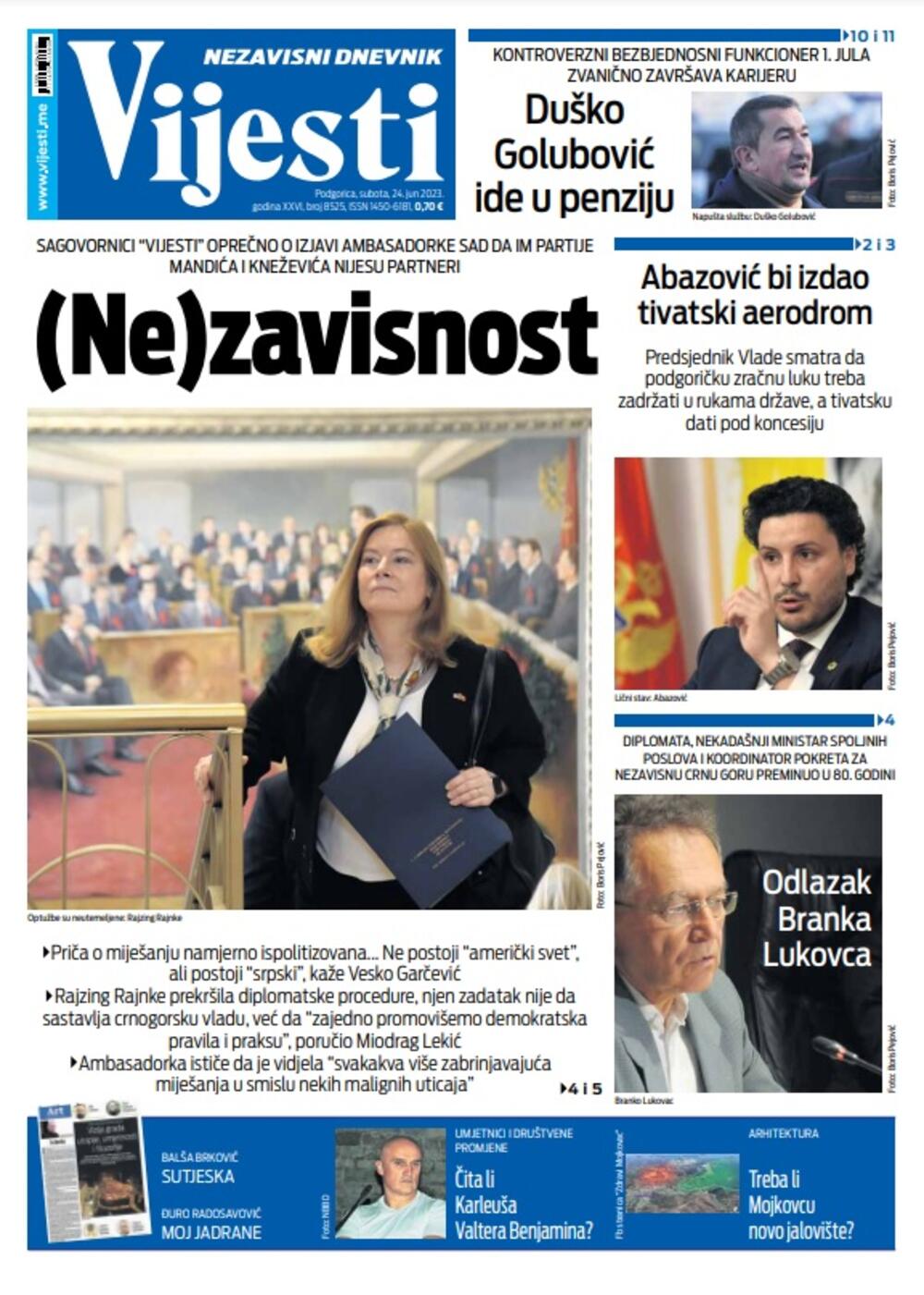 Naslovna strana "Vijesti" za 24. jun 2023. godine, Foto: Vijesti