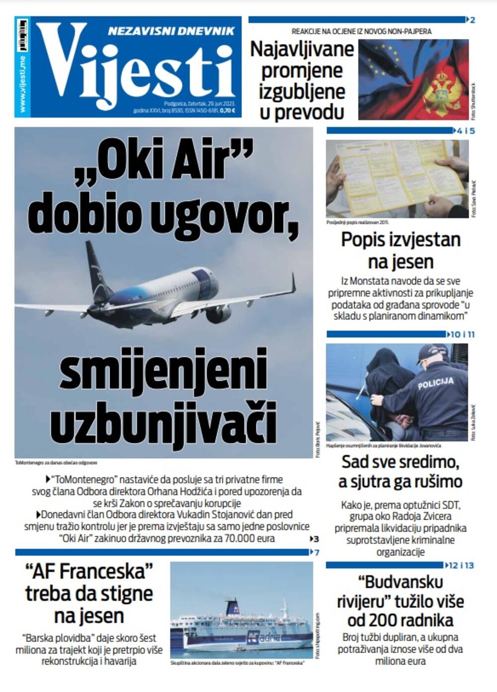 Naslovna strana "Vijesti" za 29. jun 2023., Foto: Vijesti