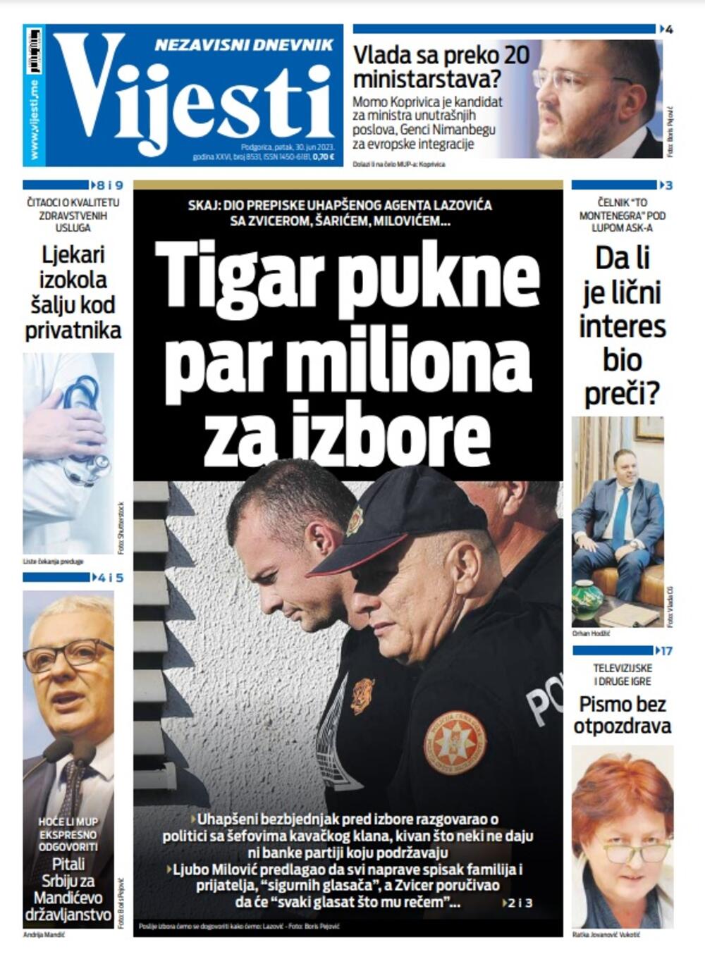 Naslovna strana "Vijesti" za 30. jun 2023., Foto: Vijesti