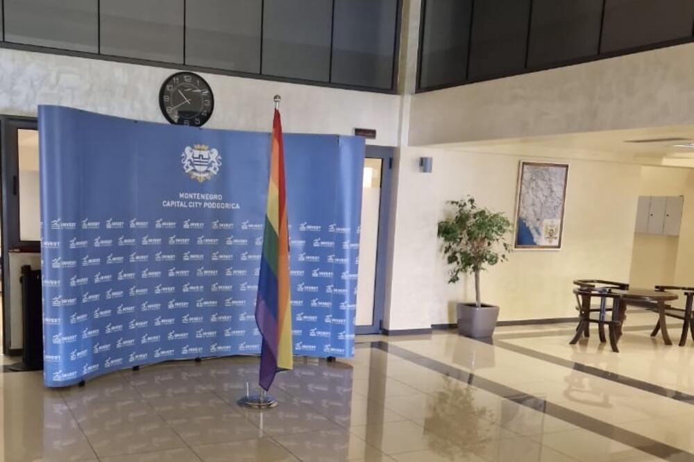 Zastava LGBTIQ zajednice u holu u zgradi gradskog parlamenta, Foto: Aleksandar Saša Zeković