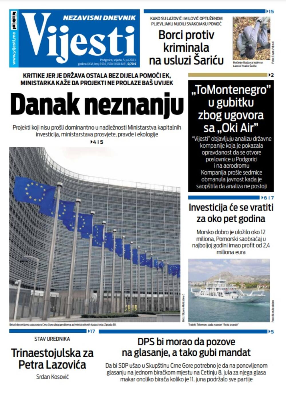 Naslovna strana "Vijesti" za 5. jul 2023., Foto: Vijesti