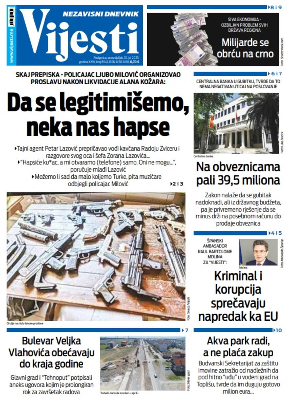 Naslovna strana "Vijesti" za 10. jul 2023., Foto: Vijesti