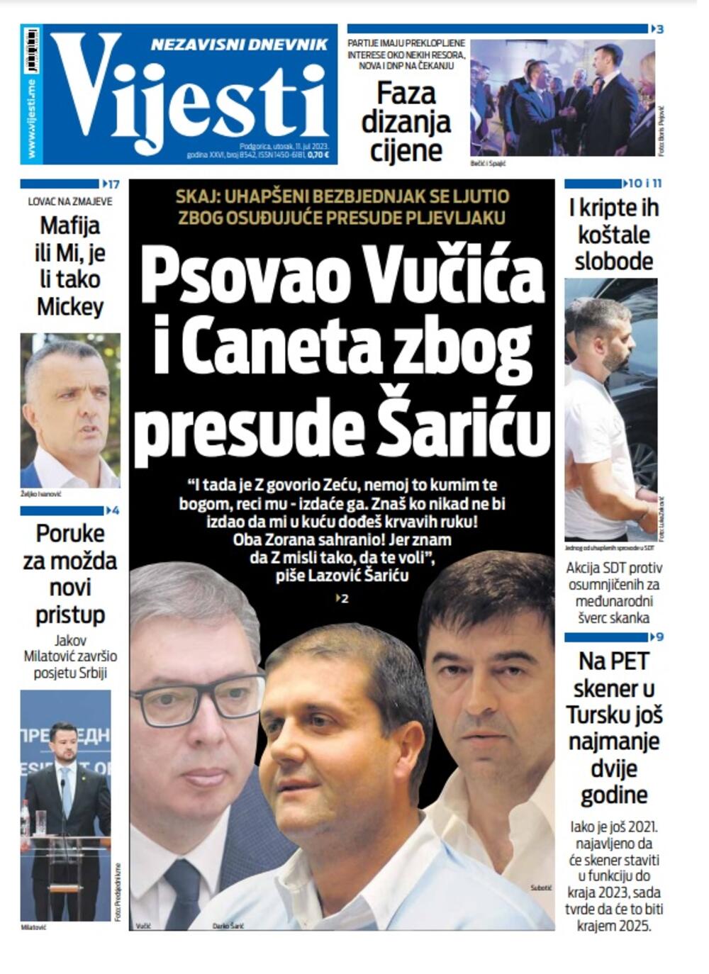 Naslovna strana "Vijesti" za 11. jul 2023., Foto: Vijesti