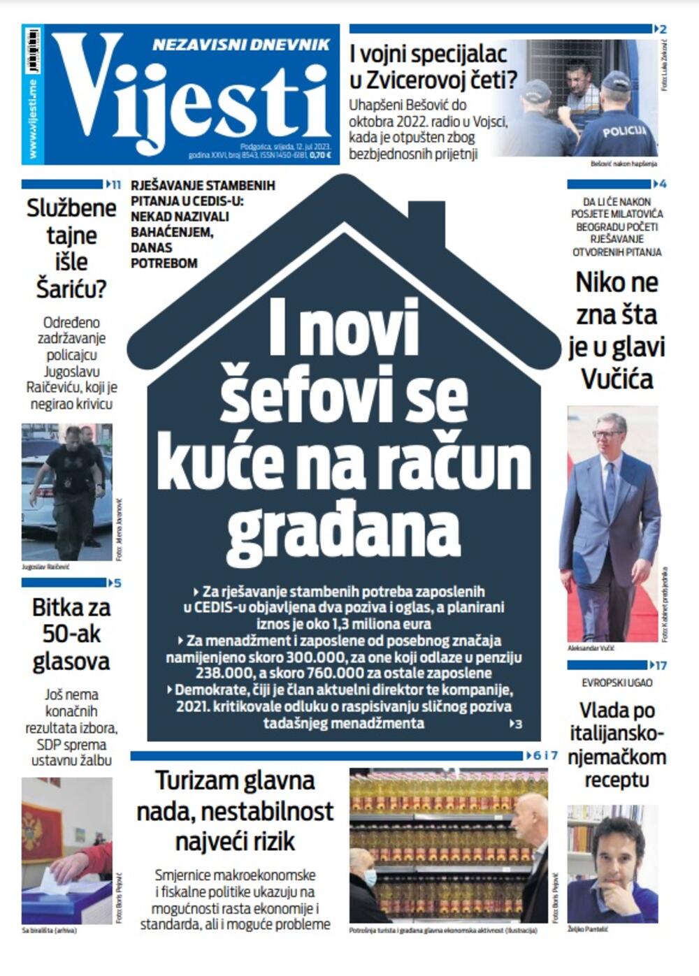 Naslovna strana "Vijesti" za 12. jul 2023., Foto: Vijesti