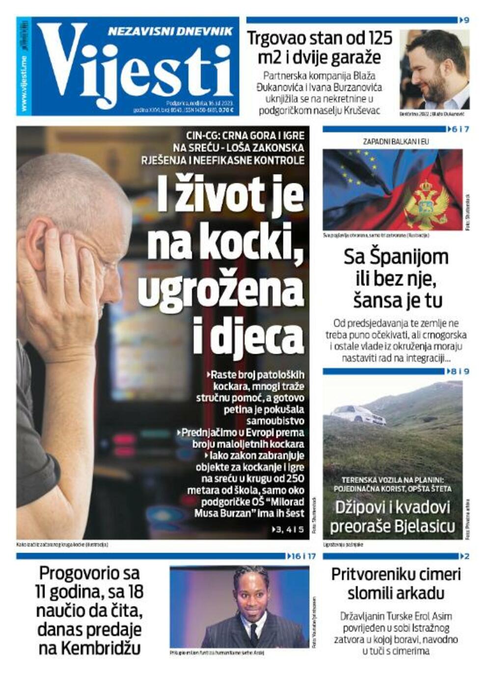 Naslovna strana "Vijesti" za 16. jul 2023., Foto: Vijesti