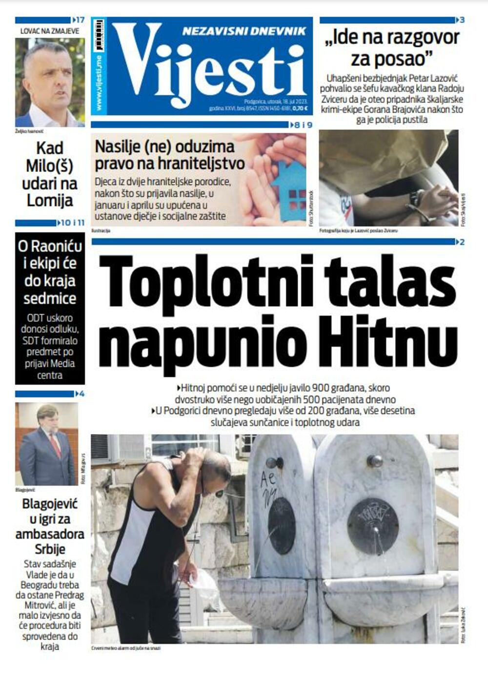 Naslovna strana "Vijesti" za 18. jul 2023., Foto: Vijesti
