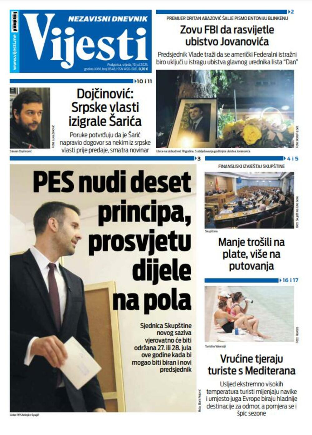 Naslovna strana "Vijesti" za 19. jul 2023., Foto: Vijesti