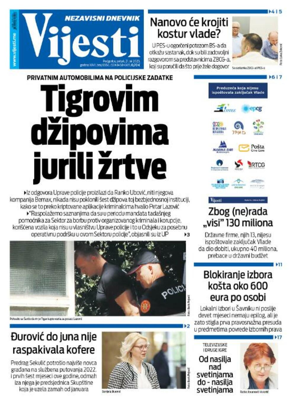 Naslovna strana 'Vijesti' za 21. jul 2023. 