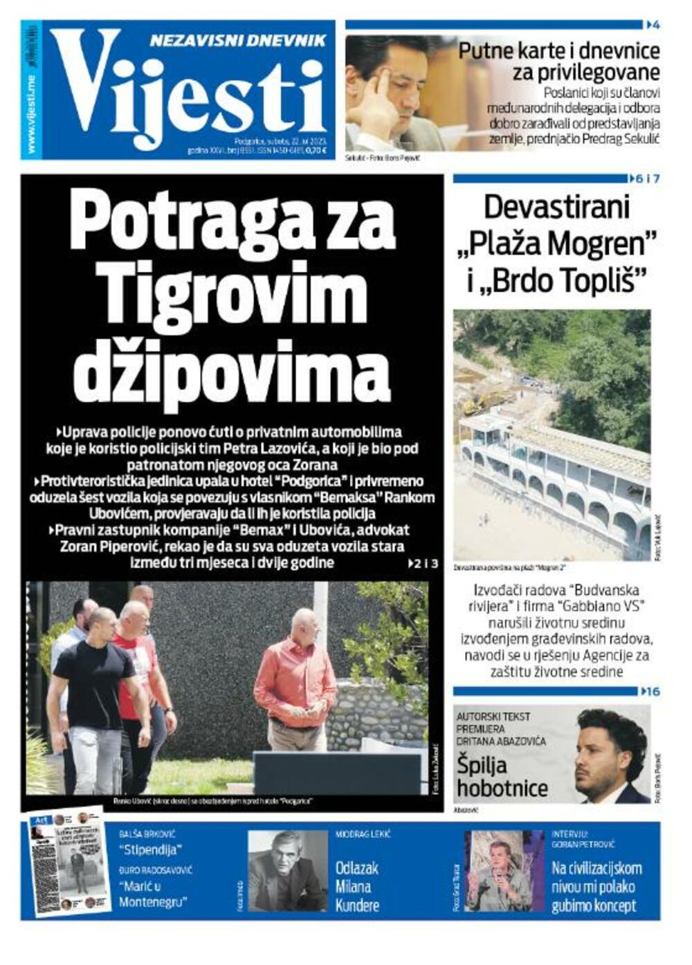 Naslovna strana "Vijesti" za 22. jul 2023., Foto: Vijesti