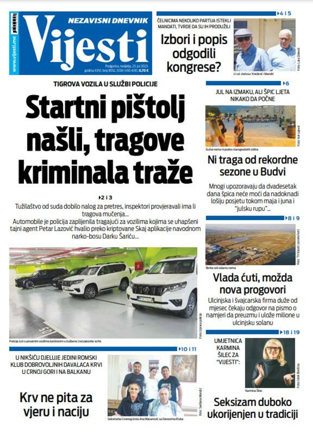 Naslovna strana "Vijesti" za 23. jul 2023., Foto: Vijesti