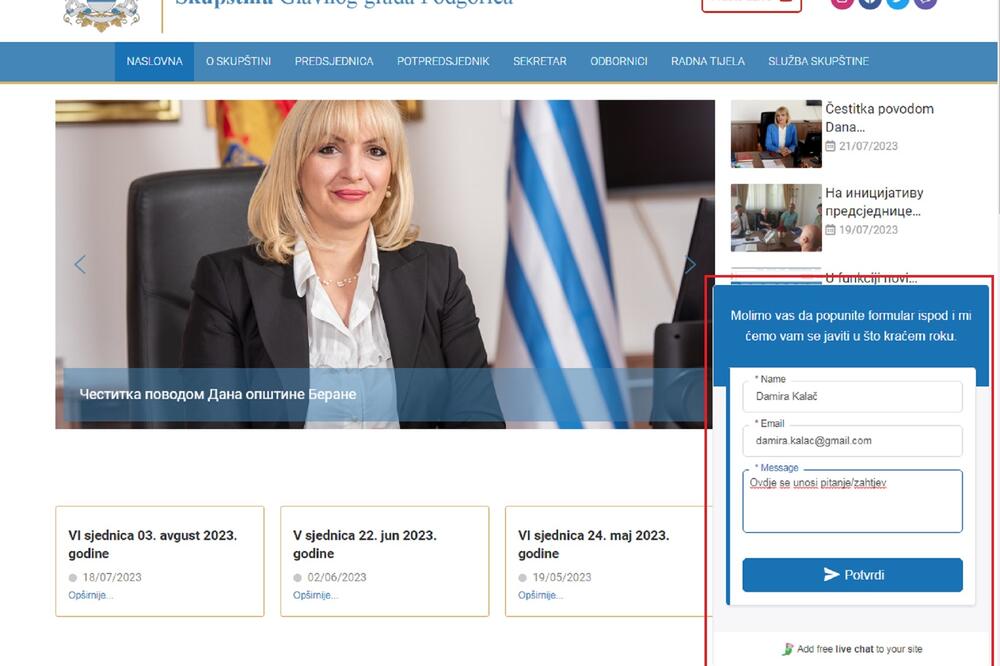 Kako izgleda prozor za ćaskanje (označeno crvenom), Foto: snimak ekrana skupstina.podgorica.me