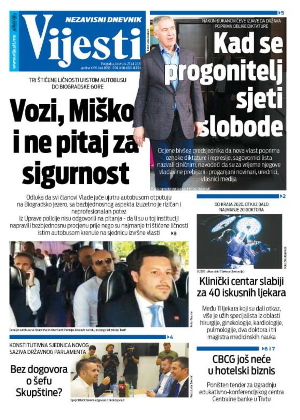 Naslovna strana 'Vijesti' za 27. jul 2023.