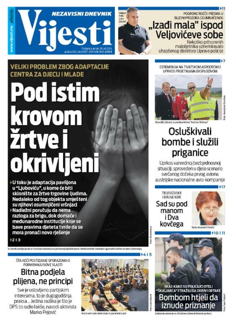 Naslovna strana 'Vijesti' za 28. jul 2023.