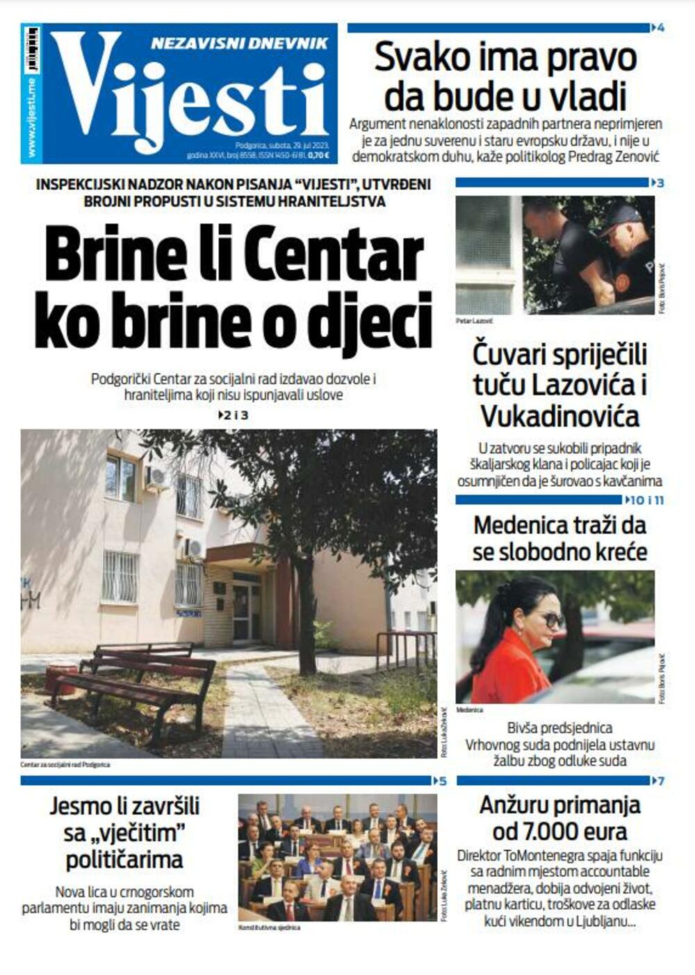 Naslovna strana "Vijesti" za 29. jul 2023., Foto: Vijesti