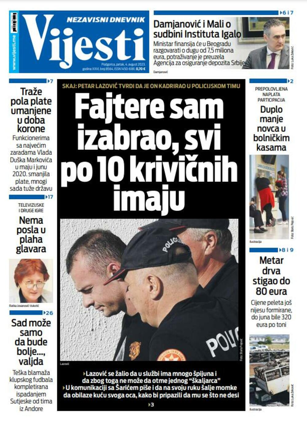 Naslovna strana "Vijesti" za 4. avgust 2023. godine, Foto: Vijesti