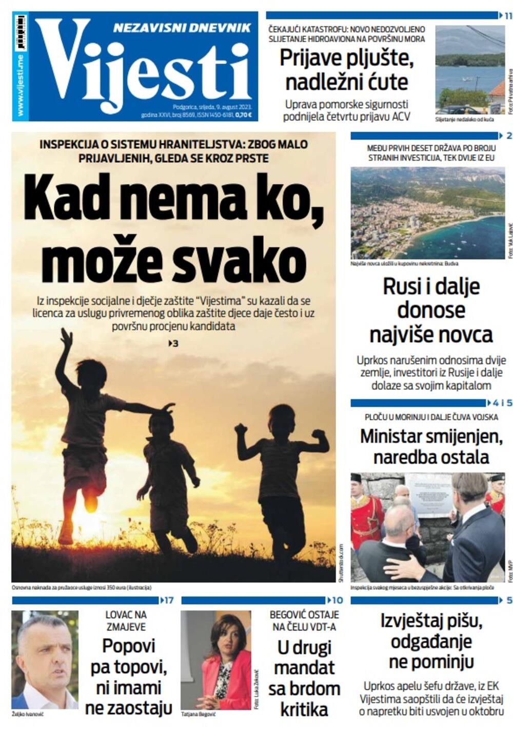Naslovna strana "Vijesti" za 9. avgust 2023., Foto: Vijesti