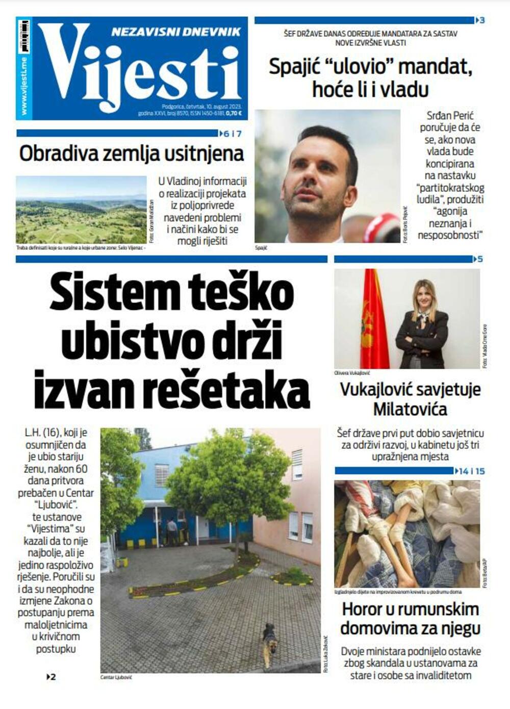 Naslovna strana "Vijesti" za 10. avgust 2023., Foto: Vijesti