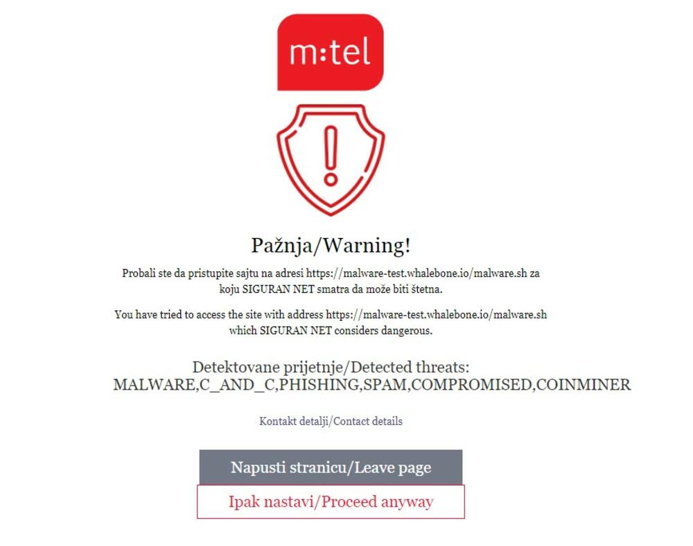 Primjer prikaza popup-a u slučaju nailaska na potencijalno štetni sadržaj