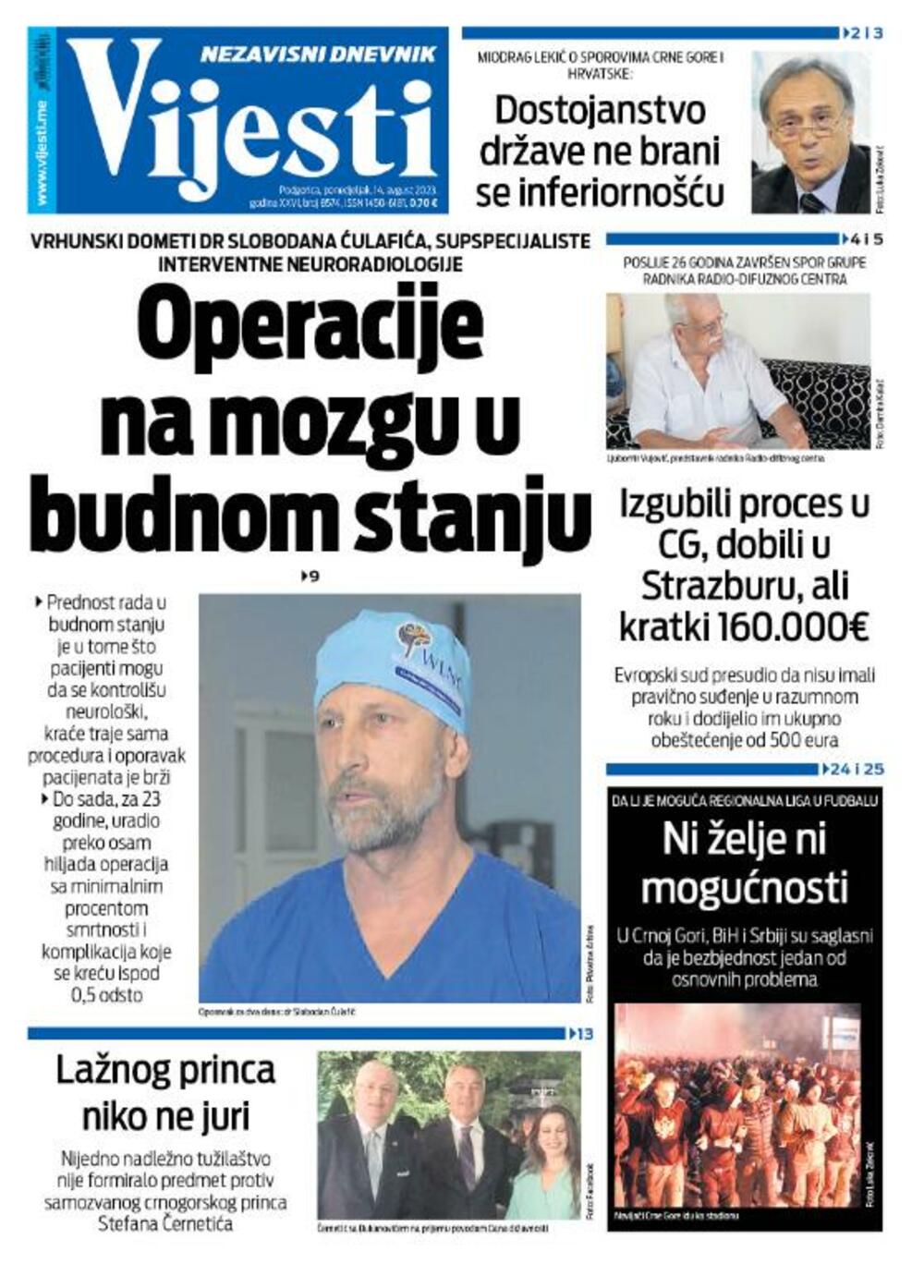 Naslovna strana 'Vijesti' za 14. avgust 2023.