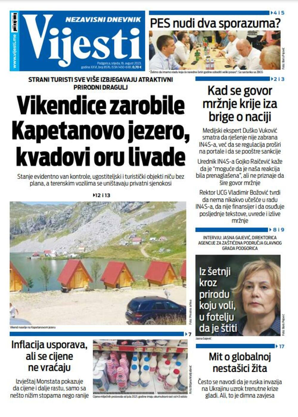 Naslovna strana "Vijesti" za 16. avgust 2023., Foto: Vijesti