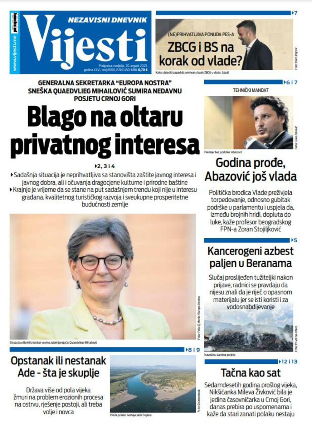 Naslovna strana "Vijesti" za 20. avgust 2023., Foto: Vijesti